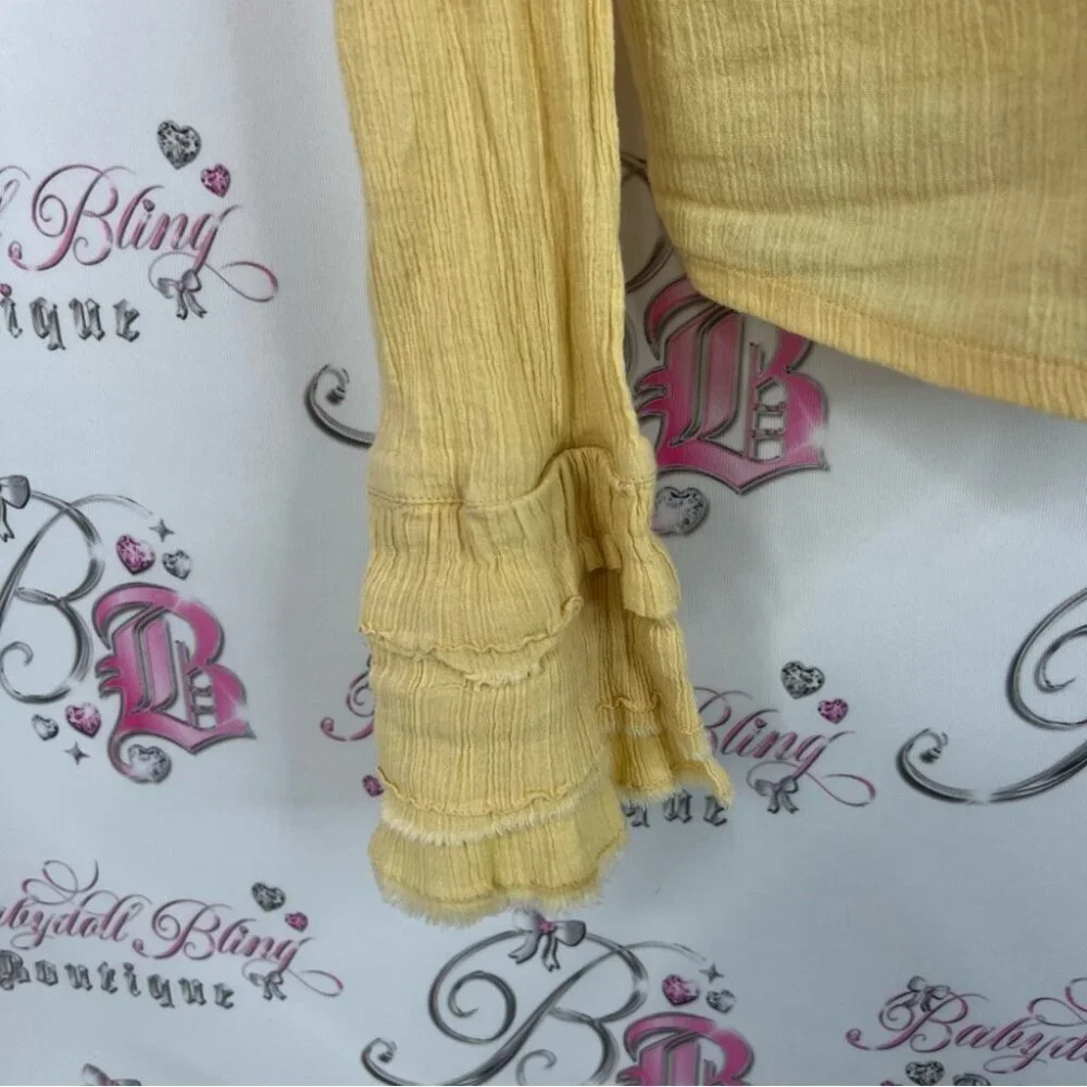 Per Una button up ruffles long sleeve flare sleeve Mustard Ruffled Blouse